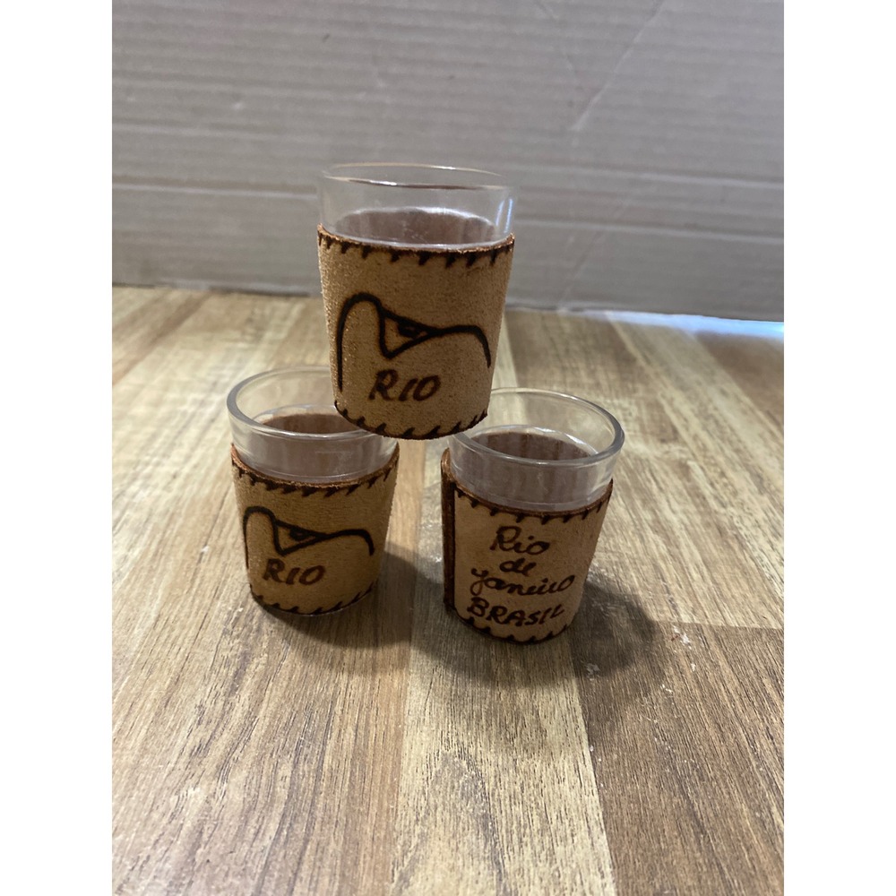 Vintage Rio de Janeiro Brazil Leather Wrapped Shot Glasses Set of 3 Souvenir